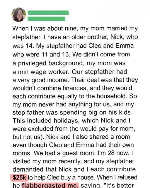 My Stepdad Excluded Me from Vacations and Showed Blatant Favoritism – Years Later, He Demanded $25K from Me for His Daughter’s House