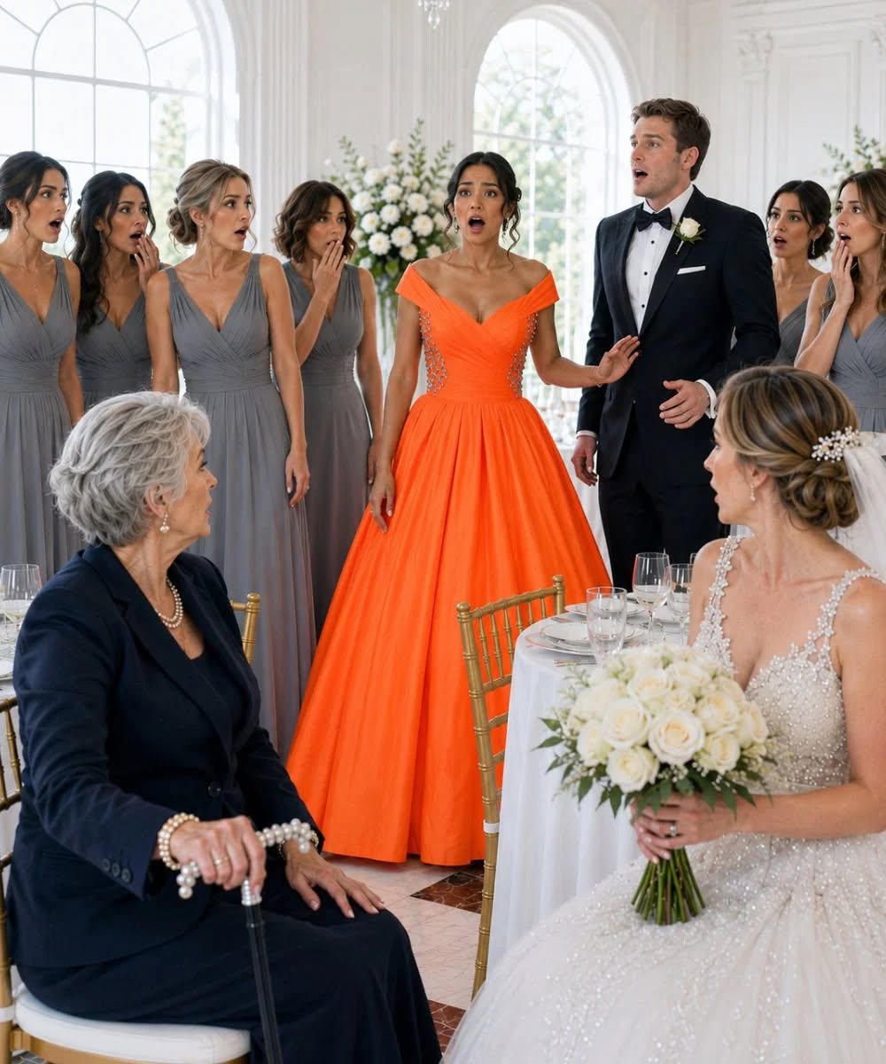 My sister dressed every bridesmaid in lavender silk, then handed me a neon orange 2xl dress and told her billionaire in-laws I was an “unstable veteran” but one question from the groom’s grandmother at the reception made her perfect wedding collapse.