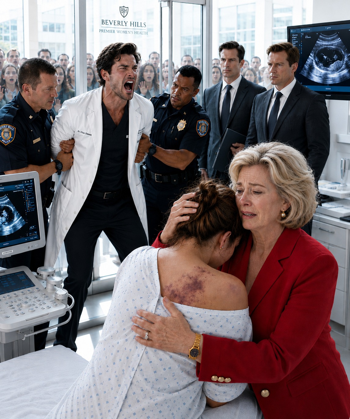 At the VIP clinic, I saw dark marks across my pregnant daughter’s back. She trembled and whispered, “Mom, he runs this hospital. If I leave, he’ll make sure my C-section goes wrong.” I stayed silent, helped her into the gown, and said, “Let’s hear the baby’s heartbeat.” While she lay on the table, I began taking down his empire.