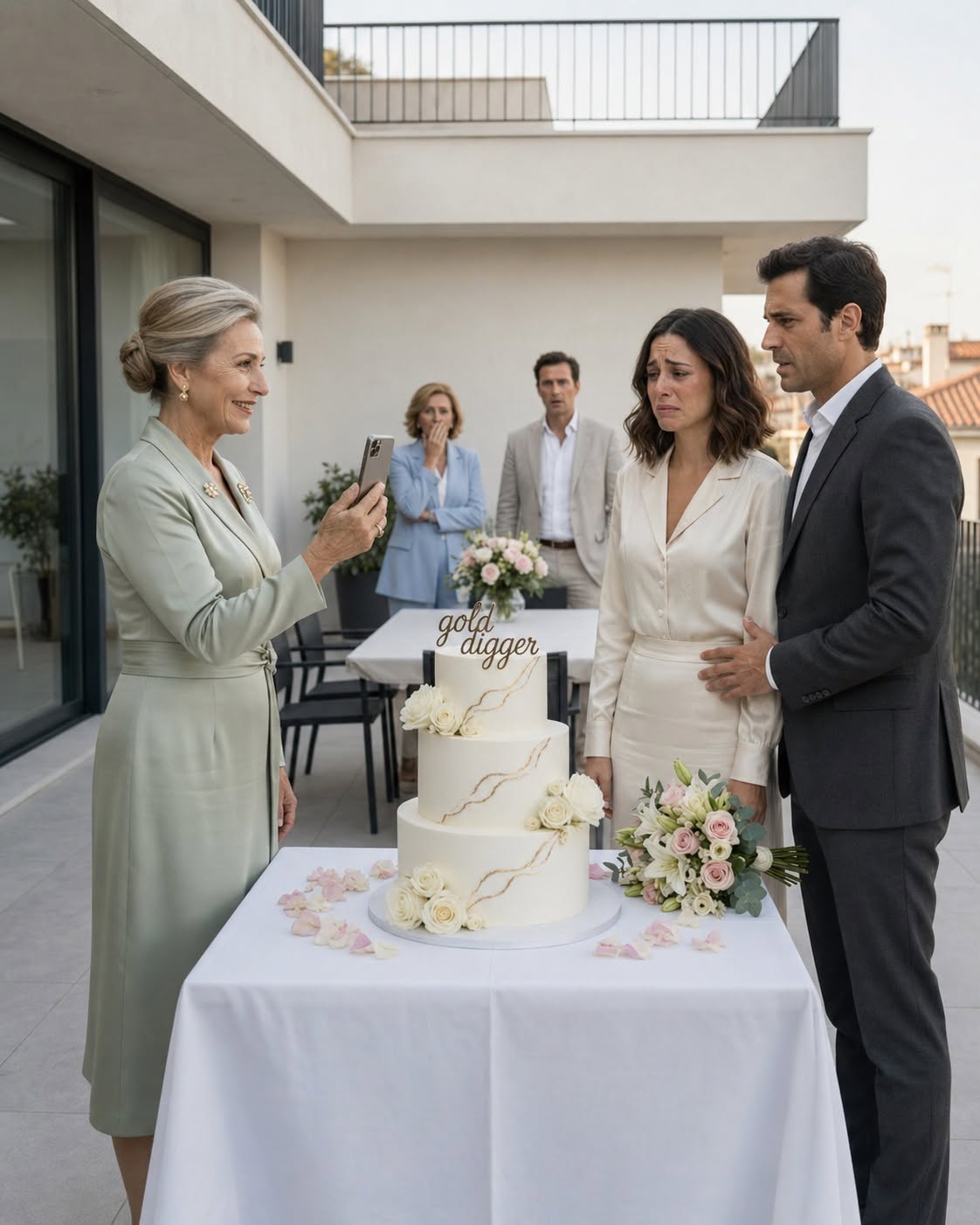 My mother-in-law gave me an anniversary cake that said, “Congratulations on being a gold digger.” Everyone laughed until my husband stood up and revealed the dark secret behind his father’s abandonment of her. The party ended in disaster.