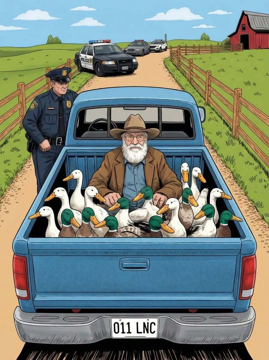 A policeman pulls over an old man driving a pickup truck