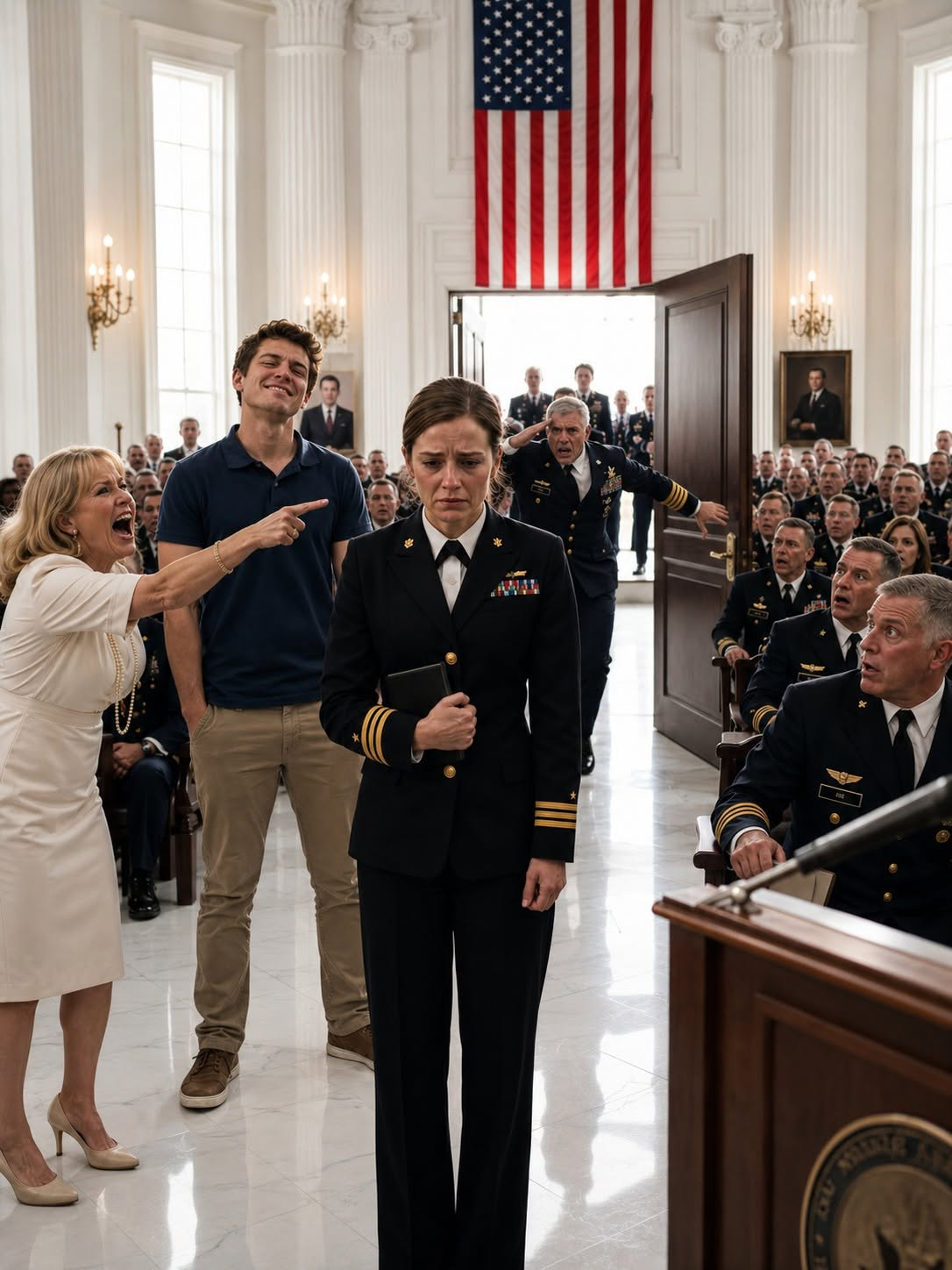 My mother practically worshiped my dropout brother while ordering me to bury my own medals. In front of two hundred officers, she mocked me, laughing, ‘You? A hero? You’re just a pathetic desk jockey!’ I stood there, feeling completely worthless and abandoned. But the mocking stopped the exact second a battle-scarred SEAL slammed the doors open and roared, ‘AS-01 on deck? SALUTE!