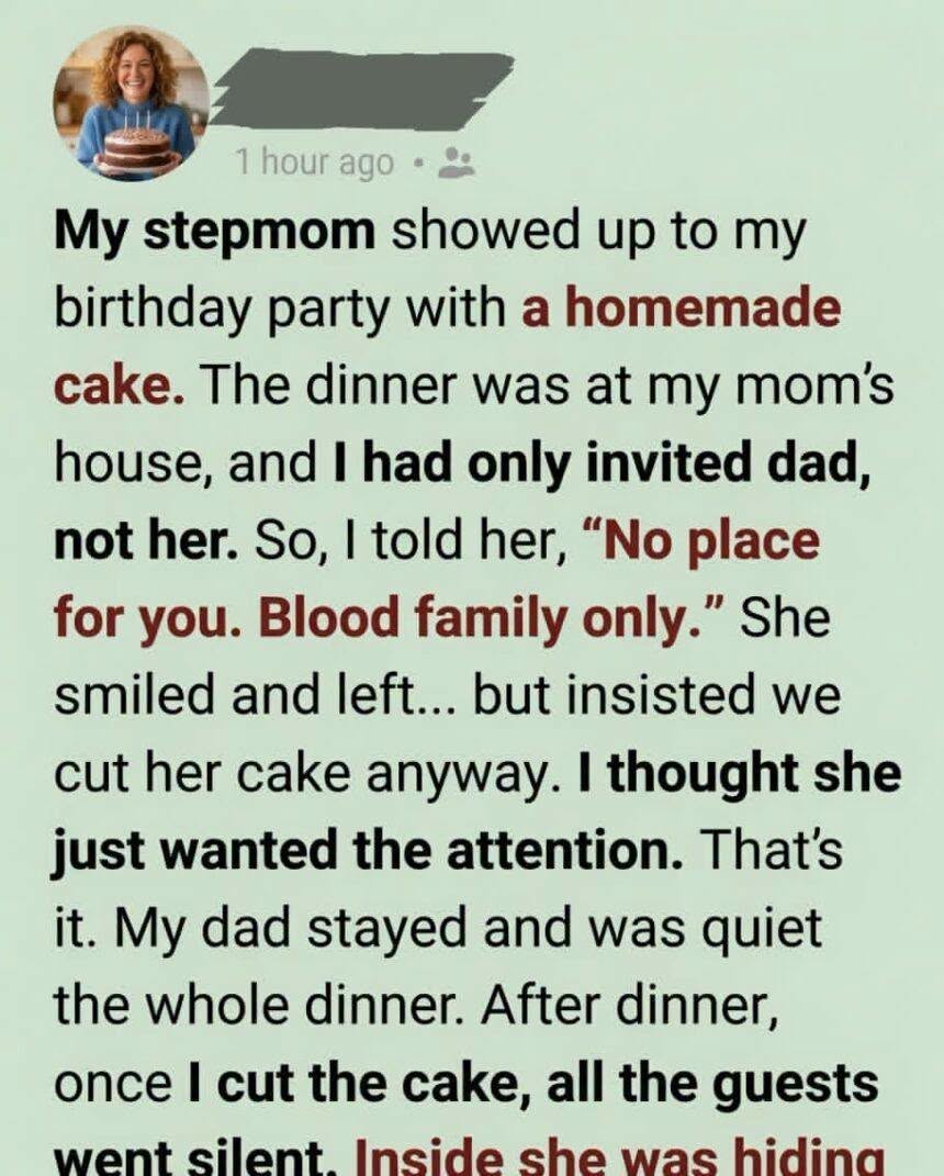 I Told My Stepmom She Wasn’t Family — Then I Cut Open Her Cake and Everything Changed