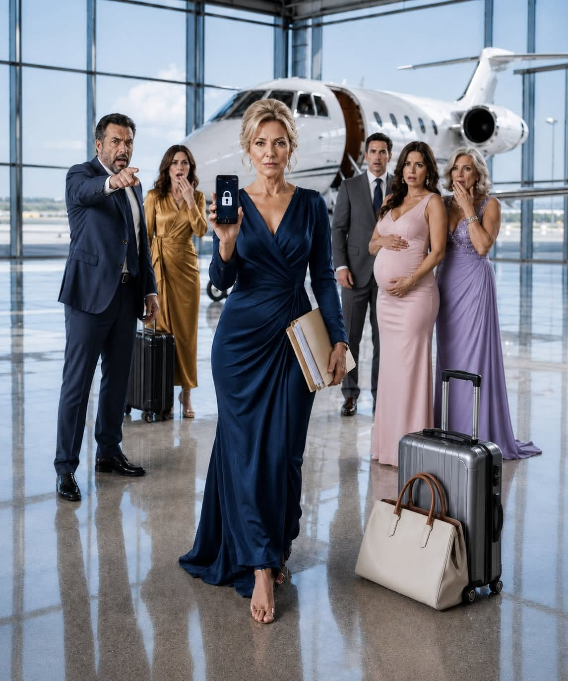 I came home after six months away, only to hear the receptionist say, “Your husband’s wife is already upstairs.” Everyone welcomed her like family. She wore my pearls, carried his child, and was about to fly off on a private trip. So before takeoff, I opened my phone… and froze every account.