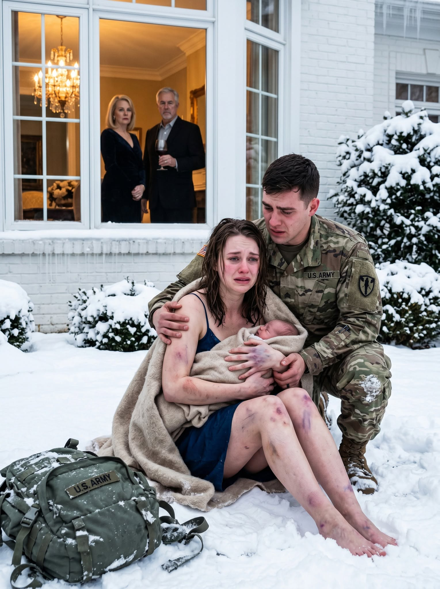 After 18 months overseas, I came home expecting my wife to welcome me. Instead, I found her barefoot in the snow outside our own house, shielding our six-month-old son with her freezing body. Through trembling lips, she whispered, “Your parents said we weren’t family anymore.” In that moment, I stopped thinking like a soldier… and started fighting like a husband.