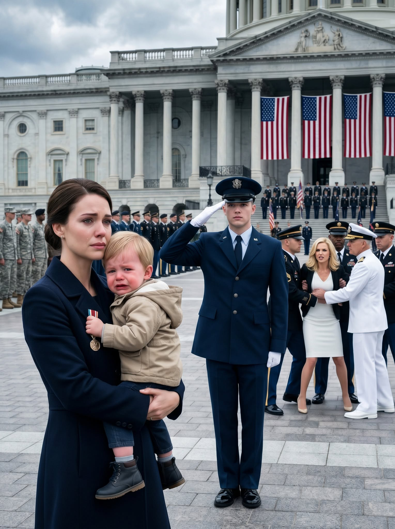 I took my son to the naval base to surprise my husband on the day of his promotion. But before we could get inside, the guard stepped in front of us and whispered, “His girlfriend is inside. No visitors.” Then she walked out wearing a smug smile and said, “The Commander doesn’t have time for domestic interruptions. Take the kid and go home.” I didn’t cry. I simply took my son’s hand, walked away, and made one phone call. By 2 PM, in front of 200 guests, the empire my husband built on lies was about to burn to the ground.