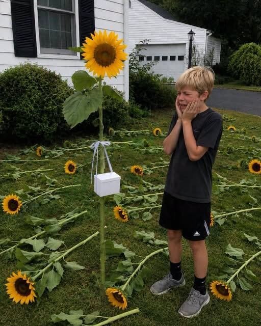 Each year, my son would plant sunflowers for his twin sister. One morning, we discovered that every flower had been cut down except for one, which had a small white box dangling from it.