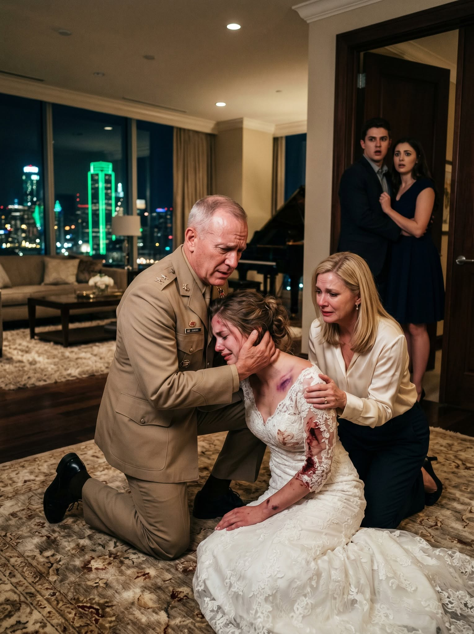 At three o’clock in the morning, a frantic knock came at my door. It was my daughter, still wearing the wedding dress I had lovingly zipped up just hours before. Now, the gown was torn, stained with blood, and clinging to her badly bruised body. Before she collapsed into my arms, she managed to whisper, ‘Mom… my mother-in-law did this because I wouldn’t sign over my condo.’ In that exact second, I knew someone was about to pay a terrible price.