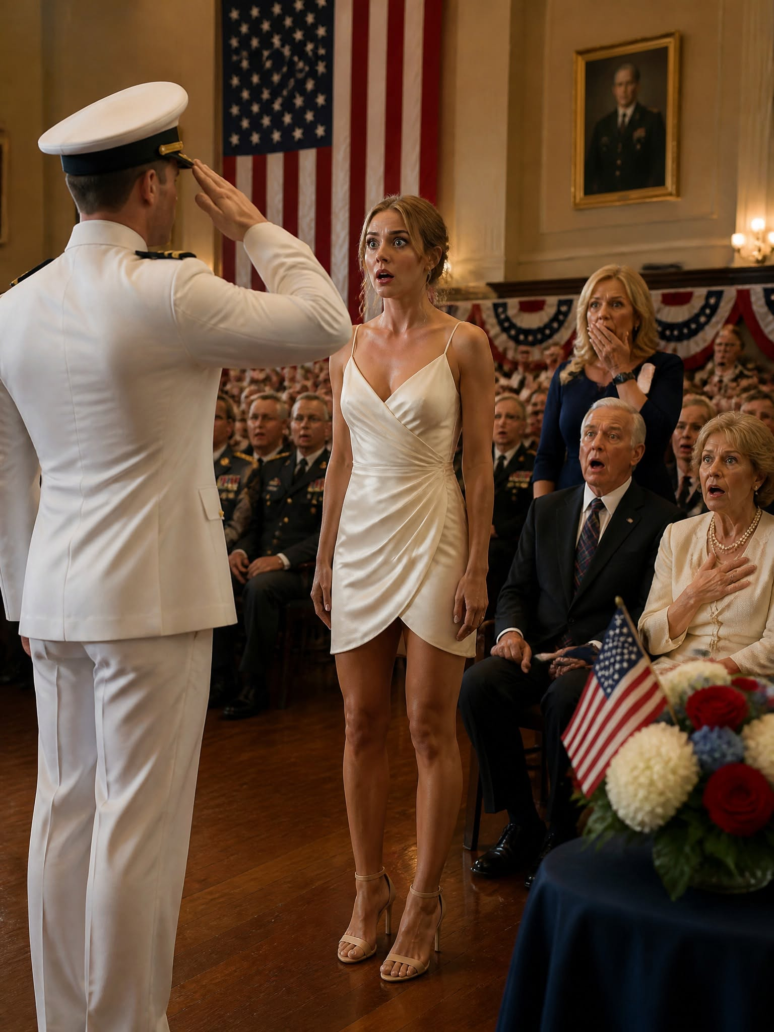 I went back home intending to slip quietly into the very last row of my father’s veterans’ ceremony, applaud his service, and slip away completely unnoticed. Instead, I discovered my stepmother had been spreading lies that I was a Navy washout. Just as the entire town seemed convinced she was telling the truth, a man in full dress whites walked into the packed hall. Ignoring the stage entirely, he marched straight toward me.