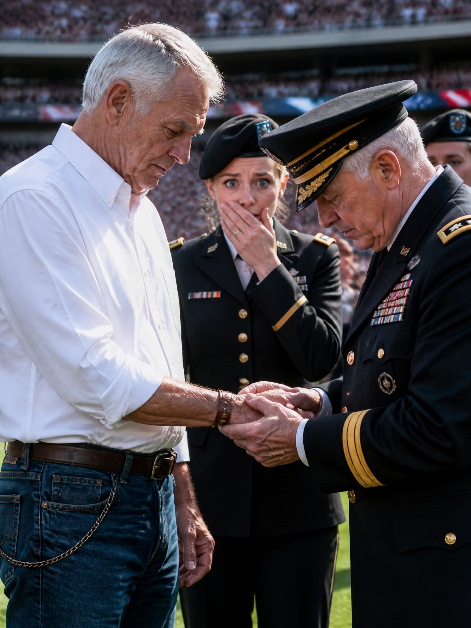 I drove eighteen hours in my battered old Freightliner just to watch my daughter get commissioned as an Army officer, fully expecting to blend into the background like I always do. Instead, a three-star general stopped mid-speech, marched across the entire stadium, and saluted me in front of thousands of onlookers. He had spotted the worn leather band around my wrist—and in an instant, every single eye in the crowd turned to the truck driver no one had given a second glance.