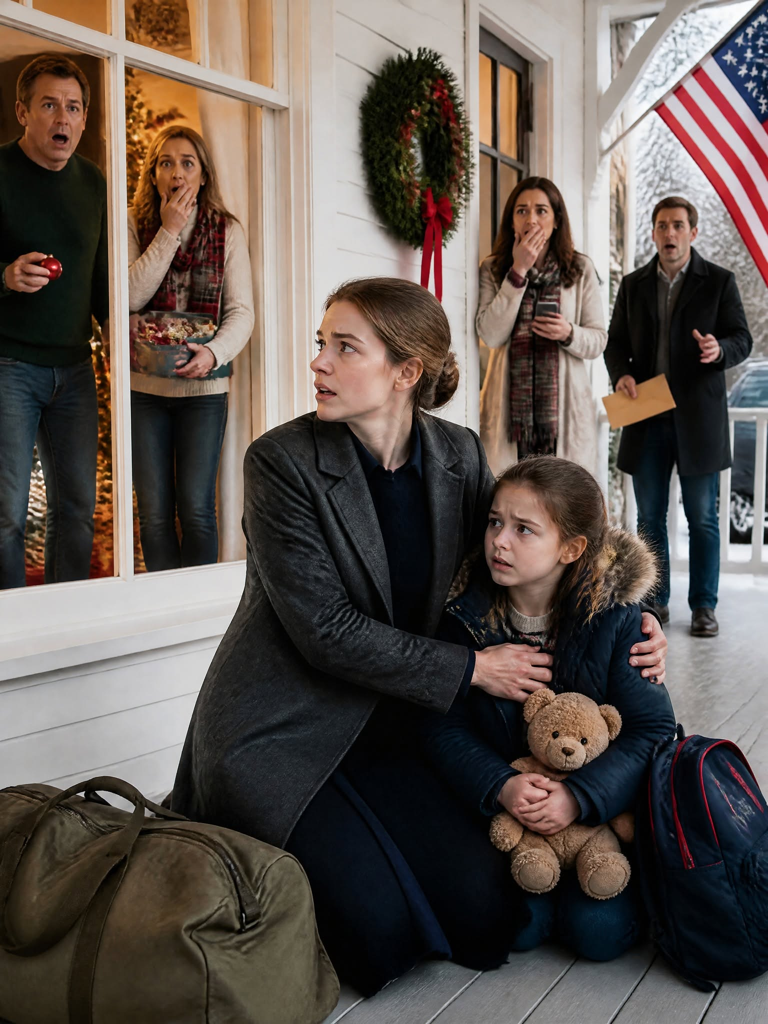 I returned from my military deployment early to surprise my family for Christmas, only to find my little girl sitting on the freezing porch, clutching her teddy bear. ‘Daddy said we don’t belong here anymore,’ she whimpered. Looking through the window, I saw him helping his mistress decorate our family Christmas tree. I didn’t bother knocking. I just scooped up my daughter and said, ‘Come with Mom.’ They had absolutely no idea they had just made the biggest mistake of their lives.