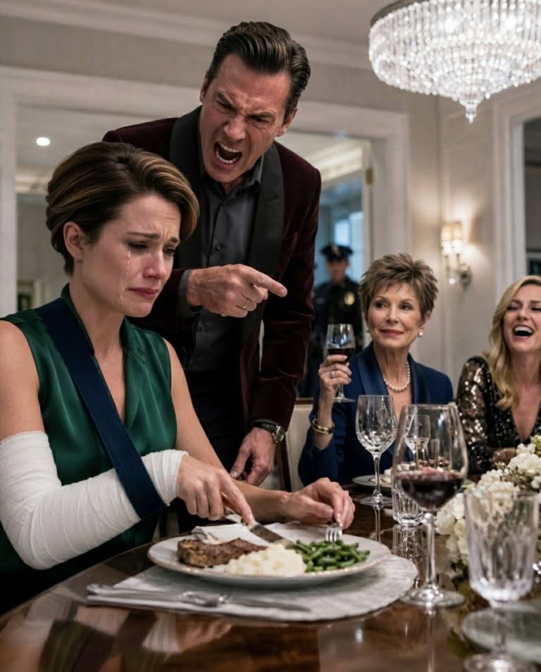 At dinner, I sat with my arm in a cast while my mother-in-law toasted, “My son finally taught you a lesson.” My sister-in-law laughed. “She thought she ran this house.” I only smiled. Thirty minutes later, the doorbell rang and my husband learned who truly owned everything.