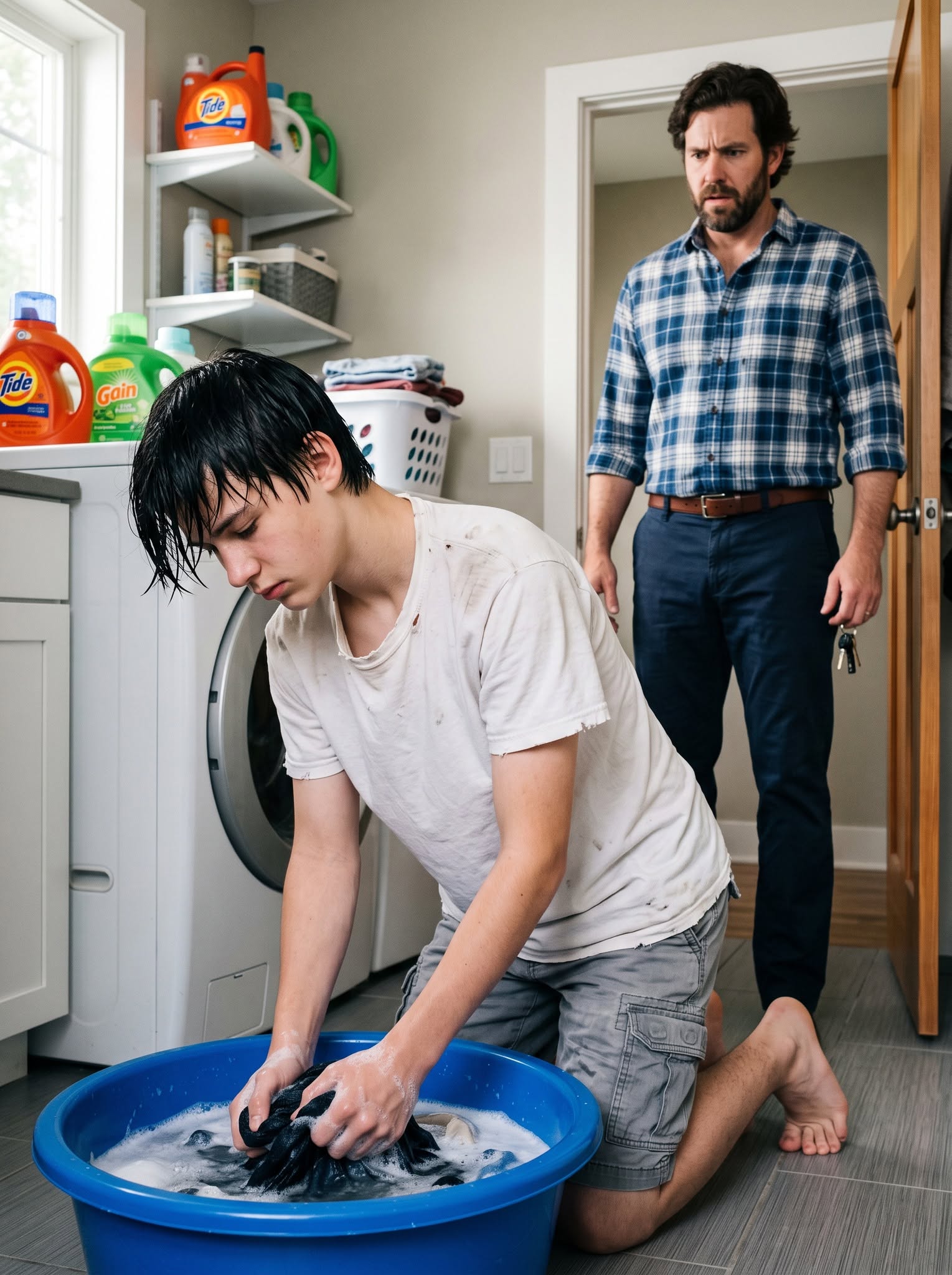 I came home late from a business trip and found my son washing clothes by hand in the dark. “They went on vacation,” he whispered. When I asked him to roll up his sleeves, I saw the marks he had been trying to hide. I didn’t shout. I took out my phone and began recording every detail. But the most terrifying discovery wasn’t in the laundry room. It was hidden inside my wife’s bedroom.