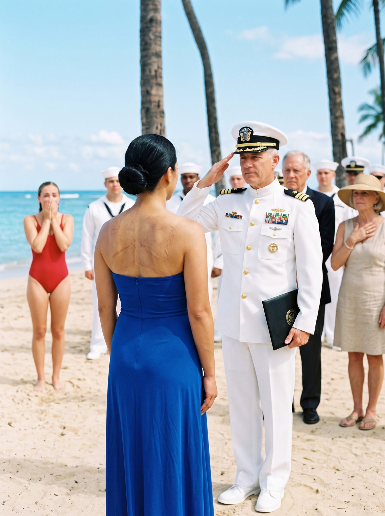 My sister tore my shirt open on a luxury beach in front of Navy officers, then laughed when everyone saw the scars across my back. My father stood there in silence while the crowd stared at me like I was damaged. For five years, my family believed I had left the military in disgrace and disappeared because I was a failure. Then an admiral walked across the sand, stopped in front of me, looked directly at my scars, and saluted. “I’ve been looking for you for five years,” he said. And the entire beach went silent.