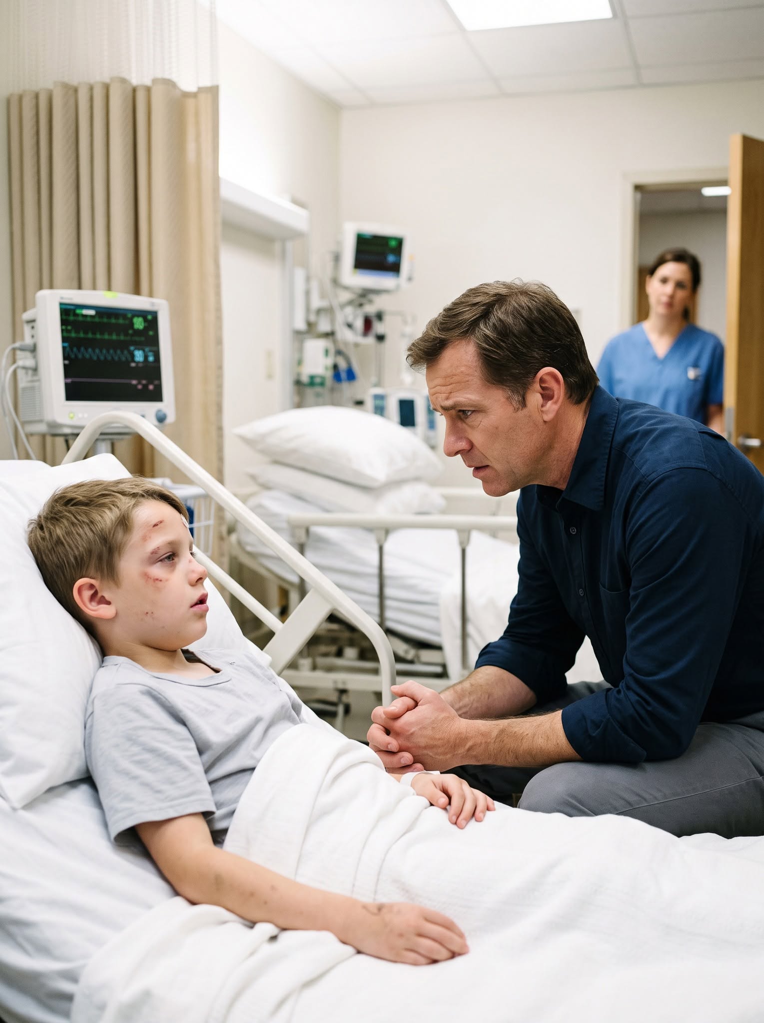 My eight-year-old son lay fri:ghtened in a hospital bed after being restrai:ned by three adults while his own grandfather hurt him. When I reached his side, he gripped my hand and whispered, “Daddy… Grandpa said you weren’t coming.” They assumed I was an ordinary suburban father with no way to defend his family, unaware of the life I had walked away from—or the promise I was now prepared to break.