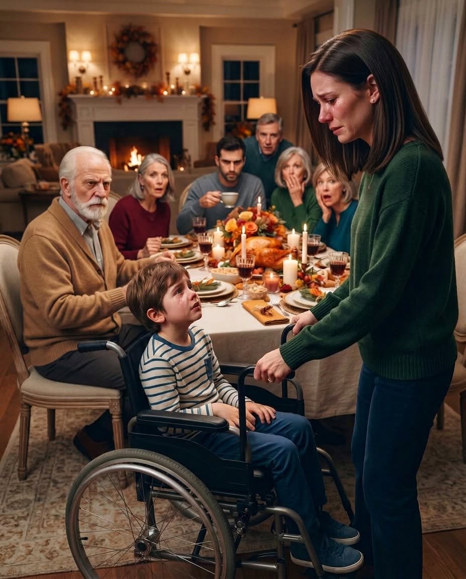 I never imagined Thanksgiving dinner would be the moment I stopped seeing my husband the same way. My father-in-law looked at my disabled son and said, **“He should eat in the kitchen. Some guests are uncomfortable.”**