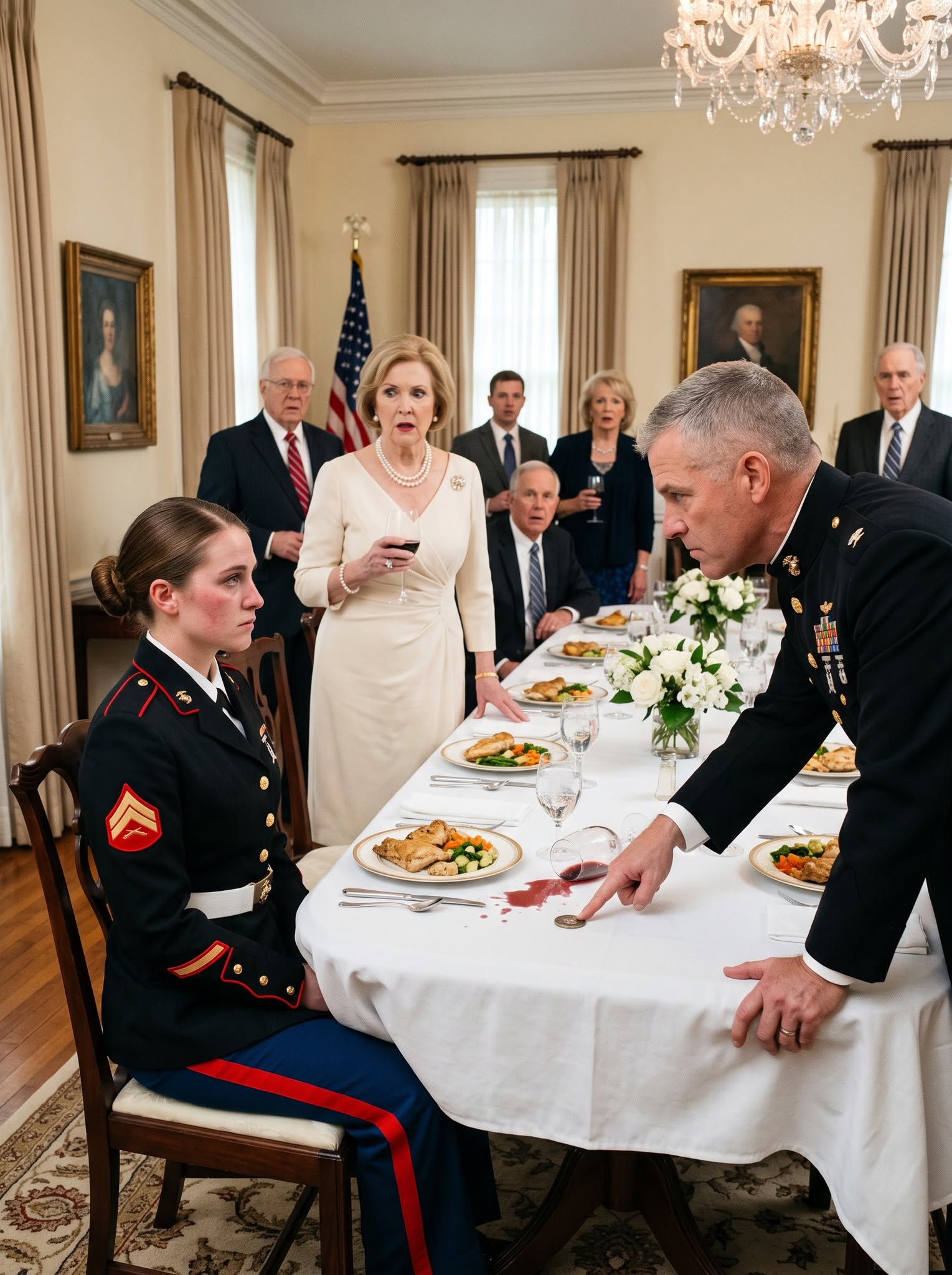 My mother waited until fifty guests were watching before she shoved my dinner plate and called me ugly in my Marine uniform. She thought my scars made me an embarrassment. I stayed silent because I refused to break in front of her friends. Then the front door opened, and a Gunnery Sergeant walked in carrying the blackened coin that proved exactly how I got those scars.