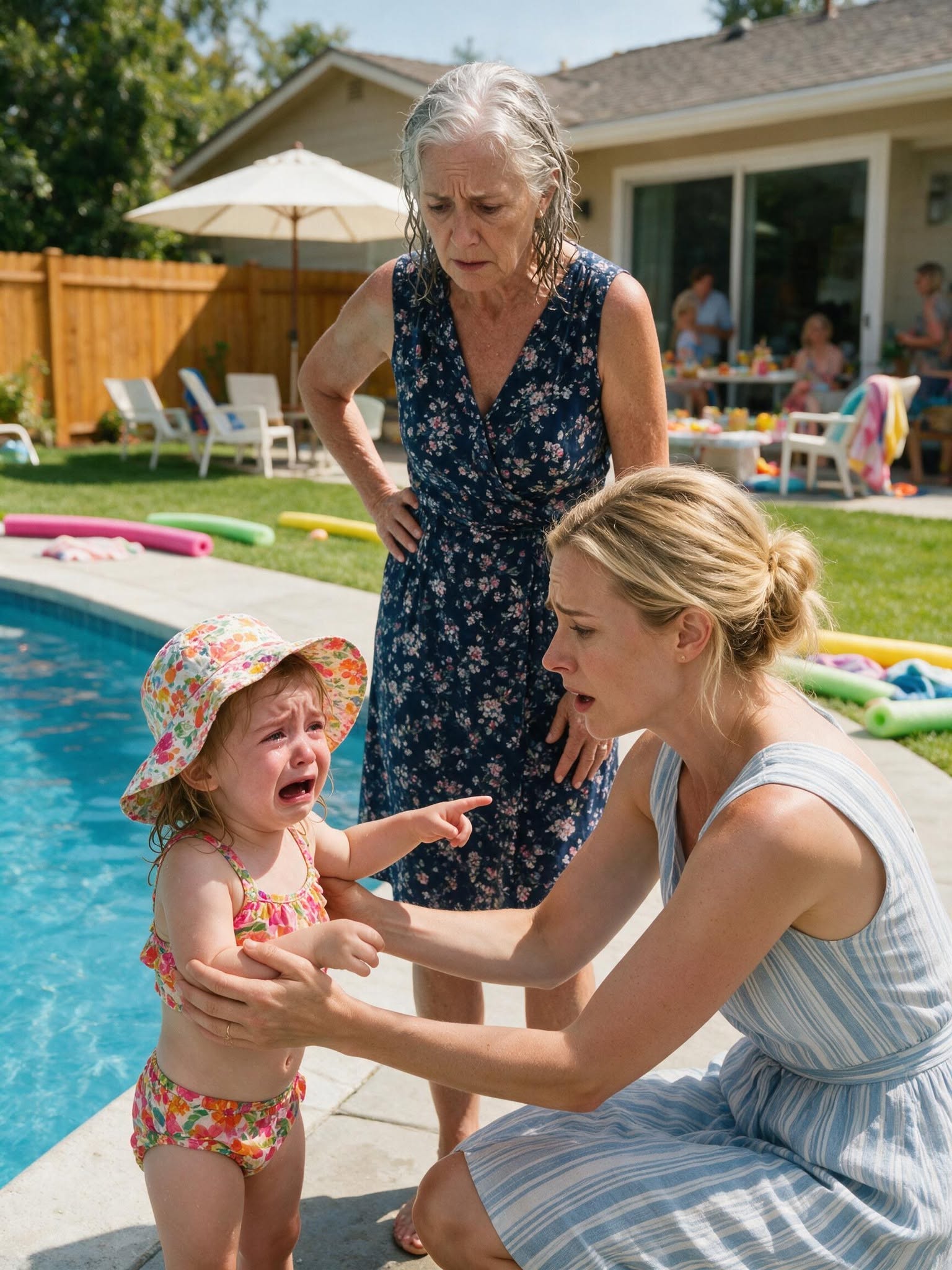 At my daughter’s third birthday party, she suddenly pointed at my stepmother’s stomach and shouted, “Mommy, Daddy’s in there!” Everyone laughed because my husband was standing only a few feet away. Then my daughter started crying and insisted she could see him. When she pointed to one exact spot on my stepmother’s swimsuit, my stepmother covered it with her hand—and that was when I realized my child had noticed something real.