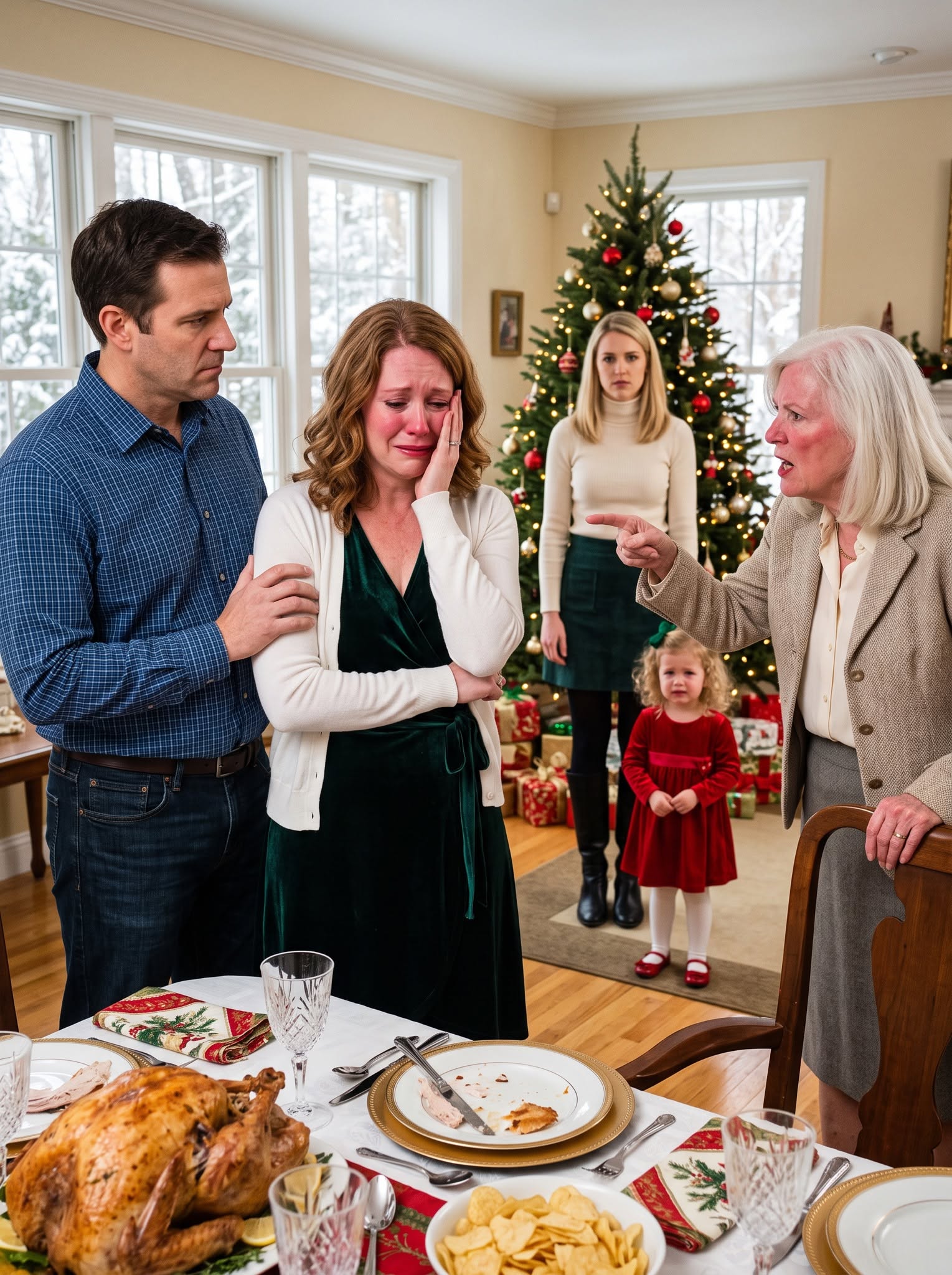 At Christmas dinner, my mother-in-law sla:pp:ed me three times, called me “trash,” and pointed at my three-year-old daughter. “Take her and get out of my house!” My husband didn’t shout or argue. Ethan simply lifted our daughter into his arms, took my hand, and said, “We’re done here.” Two hours later, his father called, and one sentence completely destroyed the Christmas my mother-in-law thought she controlled.
