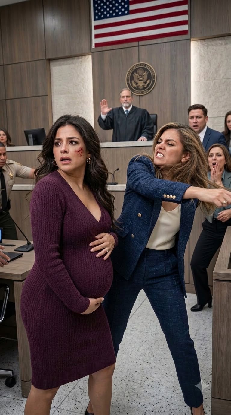 At my divorce hearing, my husband’s mistress violently slapped my 8-month pregnant face after he forged my signature to steal my inheritance. He smirked, thinking his wealth made him untouchable. But when my lawyer gave the one red folder to the judge, he didn’t smile and roared, “Lock the doors! Handcuff her!”