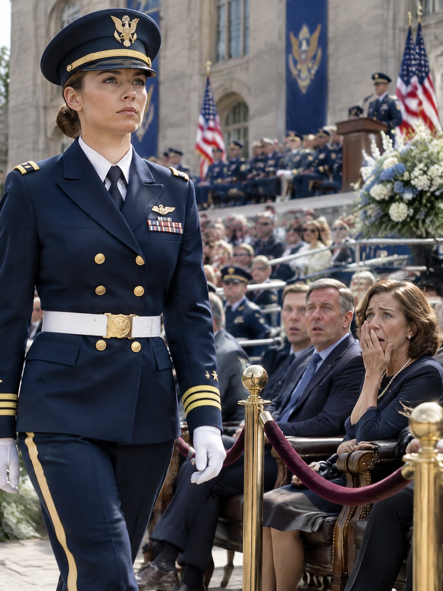 My father gave my only graduation invitation to my stepsister, then shoved me away from the entrance. “You’re embarrassing us,” he said, leaving me in the rain while they took their VIP seats. He had no idea I was graduating first in my class. Minutes later, the academy commandant found me outside. “We’ve been looking for you,” he said. “You’re the reason half those officers came.”